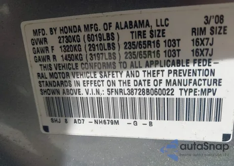 2008 Honda Odyssey Ex-L from USA, damaged, VIN 5FNRL38728B060022